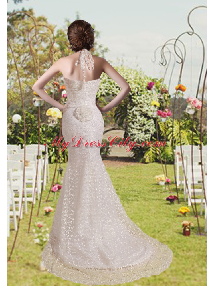 Sexy Lace Halter Hand Made Flower Wedding Dresses Brush Train