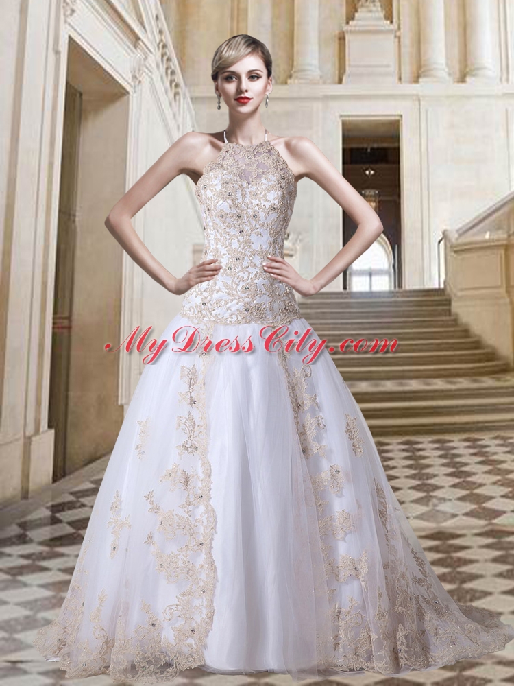 Tulle Ball Gown Halter Court Train Lace Up Appliques Exclusive Wedding Dress for 2015