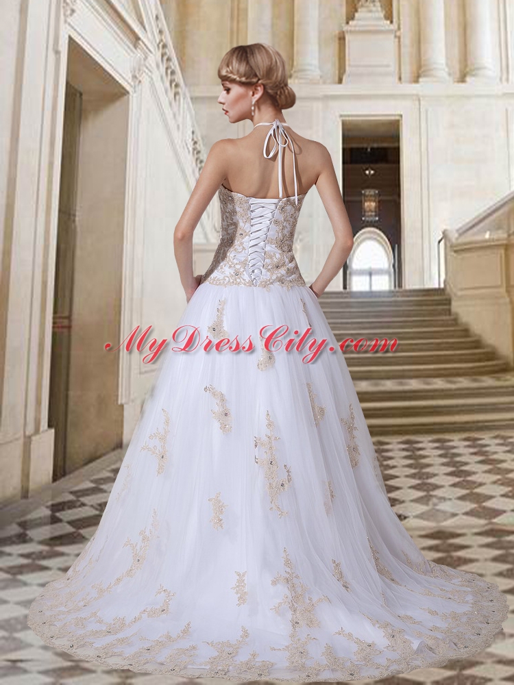 Tulle Ball Gown Halter Court Train Lace Up Appliques Exclusive Wedding Dress for 2015