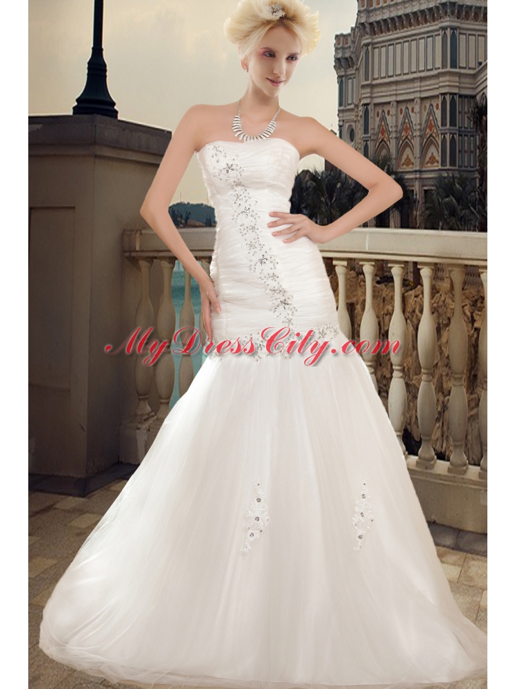 Wonderful Strapless A Line Chapel Train Wedding Dress with Beading