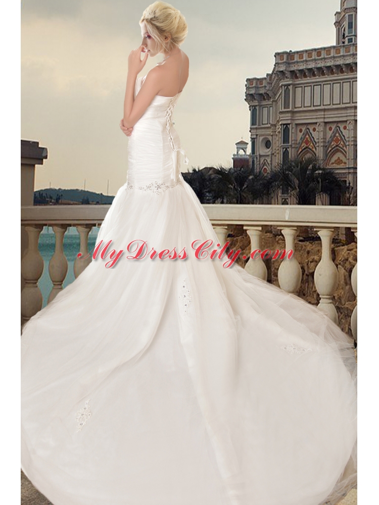 Wonderful Strapless A Line Chapel Train Wedding Dress with Beading