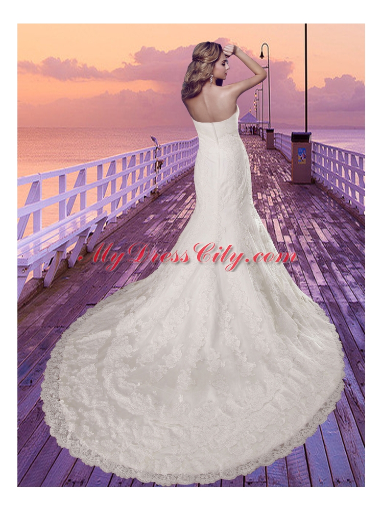 2015 Mermaid Strapless Lace Beading Wedding Dress with Chapel Train