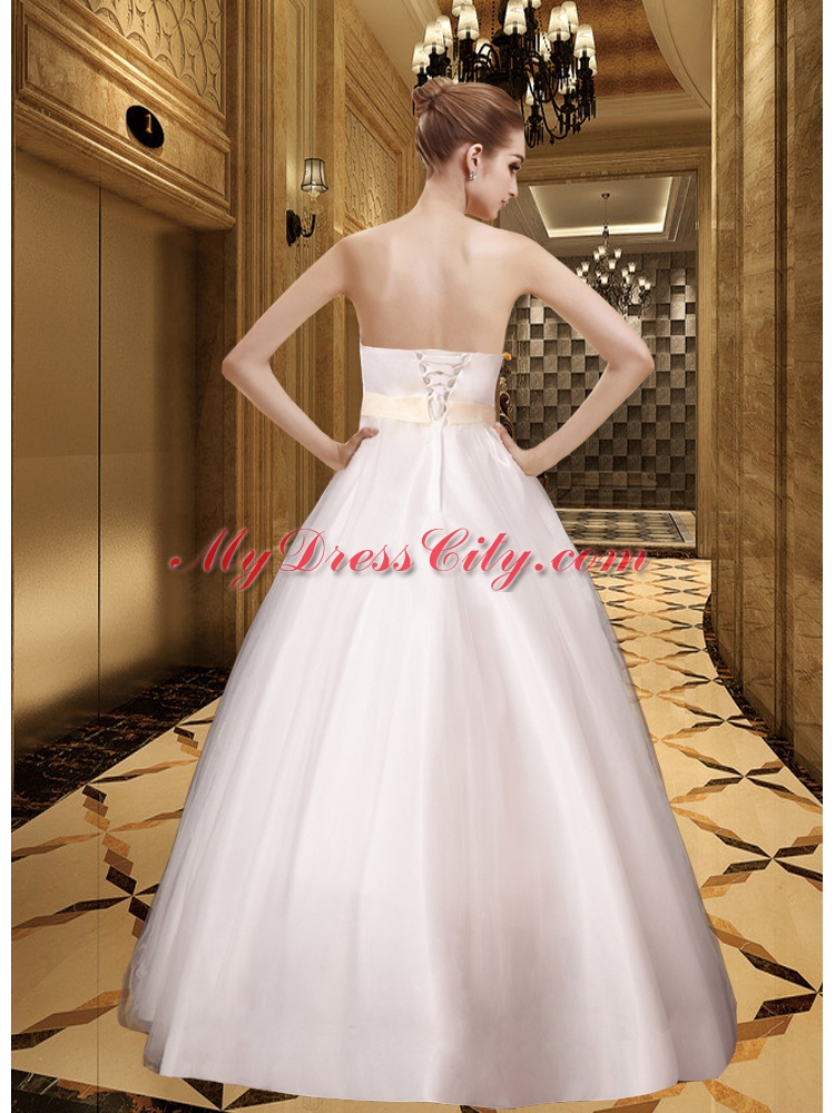 Beautiful Champagne Bowknot Strapless A Line Beading Wedding Dress