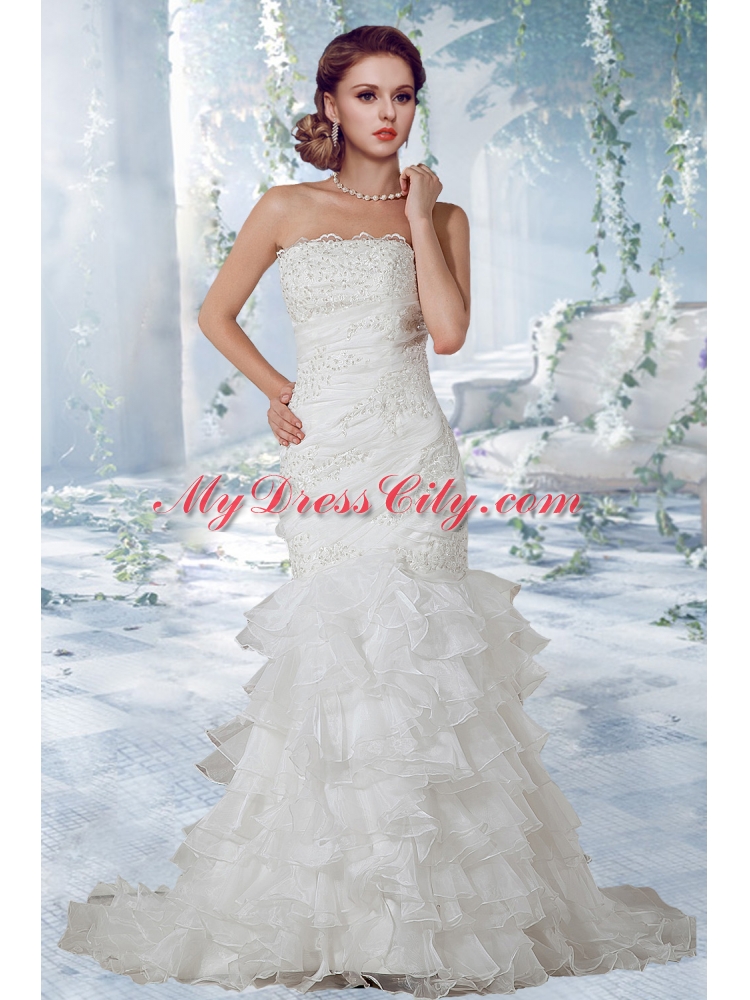 Beautiful Lace Court Train 2015 Wedding Dress with Strapless