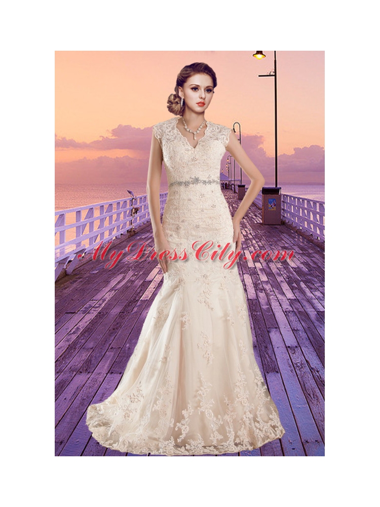 Champagne Mermaid V Neck Lace Beading 2015 Cap Sleeves Wedding Dress