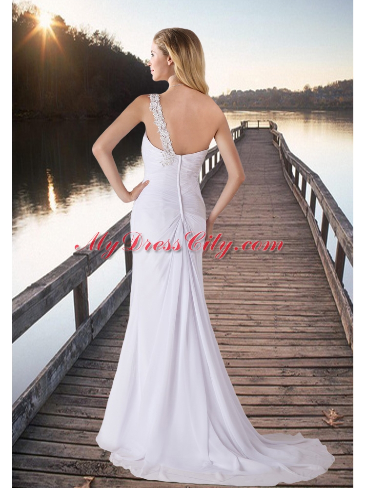 Column One Shoulder Brush Train Wedding Dress with Beading