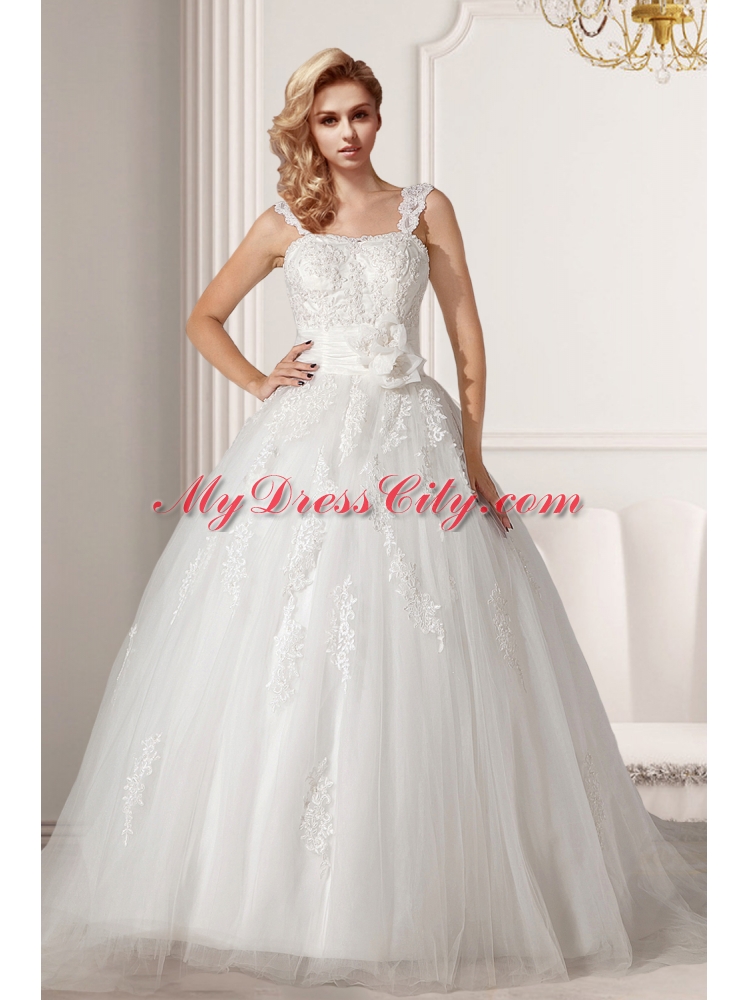 Cute A Line Straps Court Train 2015 Wedding Dress with Appliques