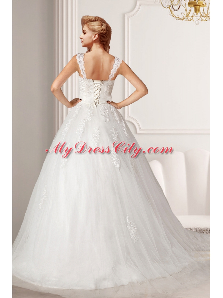 Cute A Line Straps Court Train 2015 Wedding Dress with Appliques