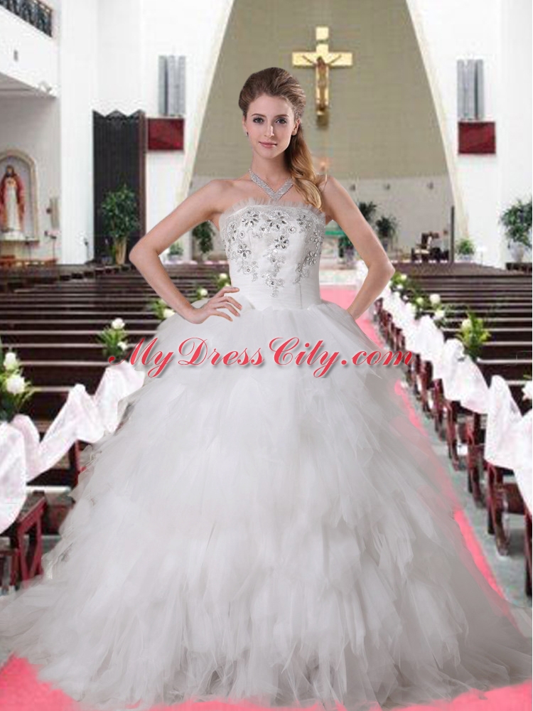 Elegant Brush Train Strapless Ruffles and Ruffles Wedding Dresses for 2015