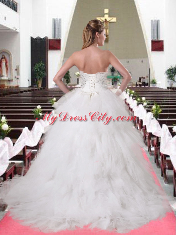 Elegant Brush Train Strapless Ruffles and Ruffles Wedding Dresses for 2015