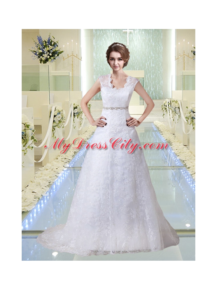 Elegant Lace V Neck Beading Wedding Dresses with Court Train