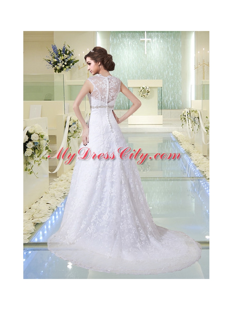 Elegant Lace V Neck Beading Wedding Dresses with Court Train