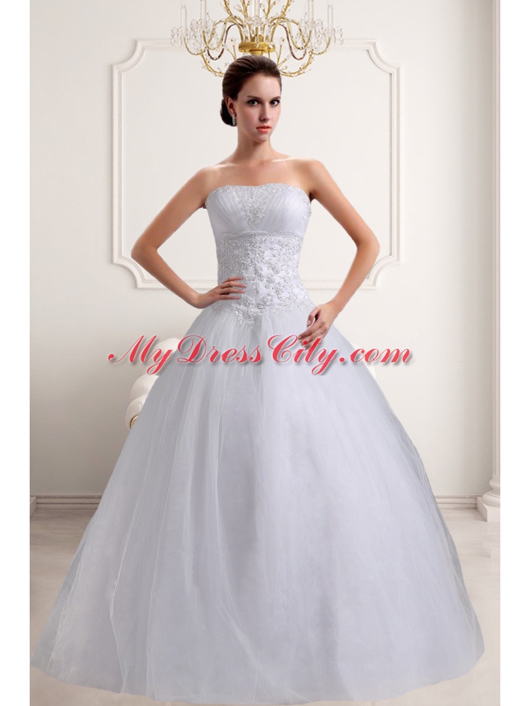 Fashionabale A Line Strapless Beading Wedding Dresses with Lace