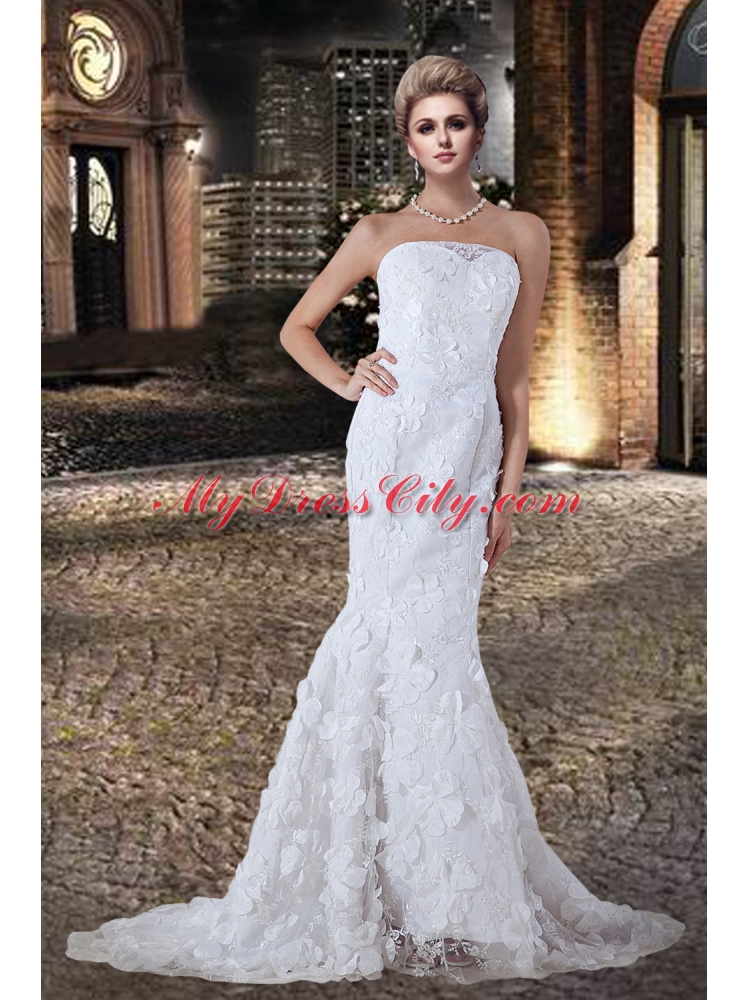 Fashionable Mermaid 2015 Strapless Lace Wedding Dress with Court Train