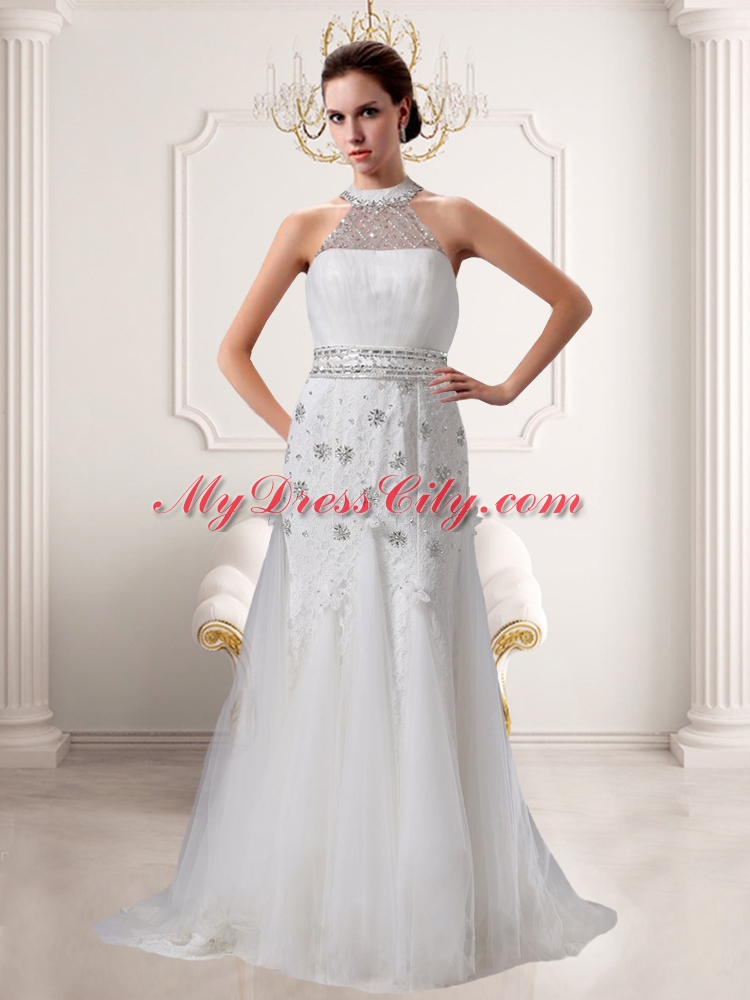 Lace Beading Brush Train Empire Wedding Dress with High Neck