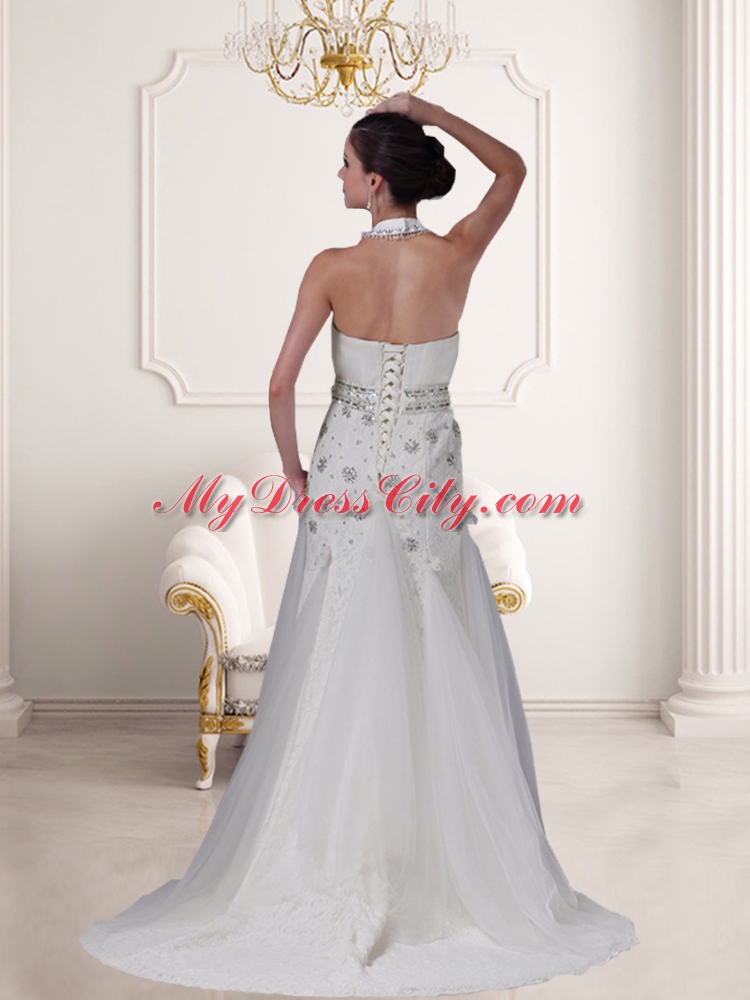 Lace Beading Brush Train Empire Wedding Dress with High Neck