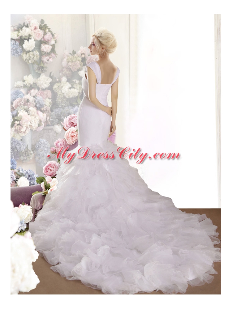 Mermaid Straps Ruffles Wedding Dress with Chapel Train for 2015