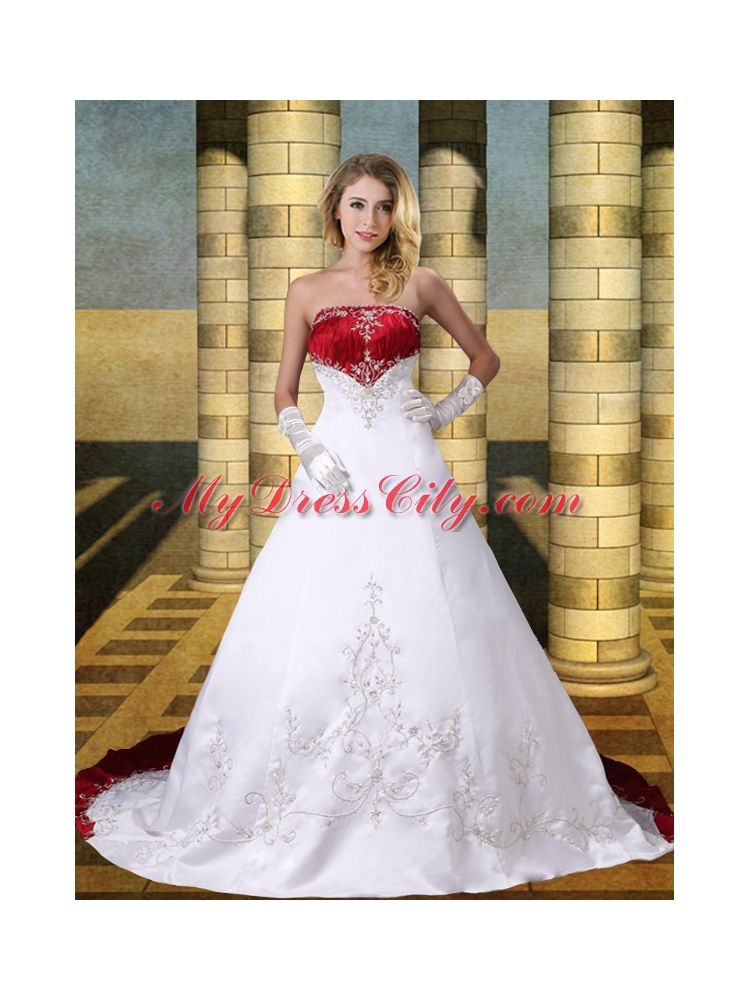 New Style A Line Strapless Chaple Train Wedding Dresses with Embroidery