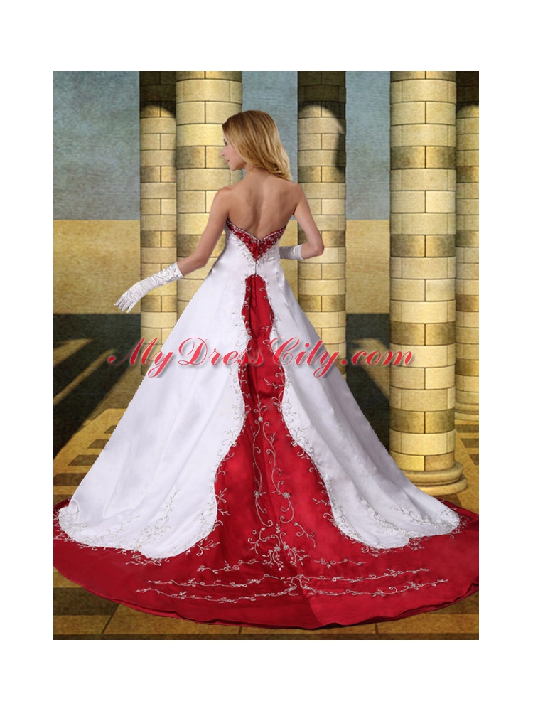 New Style A Line Strapless Chaple Train Wedding Dresses with Embroidery