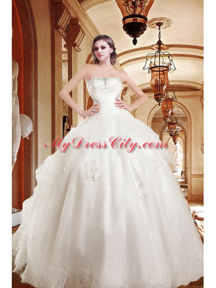 On Sale Appliques 2015 Strapless Chapel Train Wedding Dresses with Beading