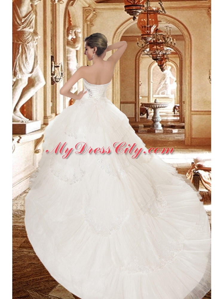 On Sale Appliques 2015 Strapless Chapel Train Wedding Dresses with Beading