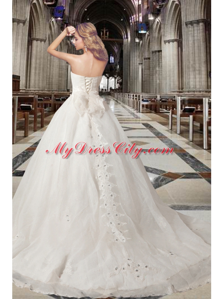 Romantic Princess Strapless Chapel Train 2015 Wedding Dress with Beading