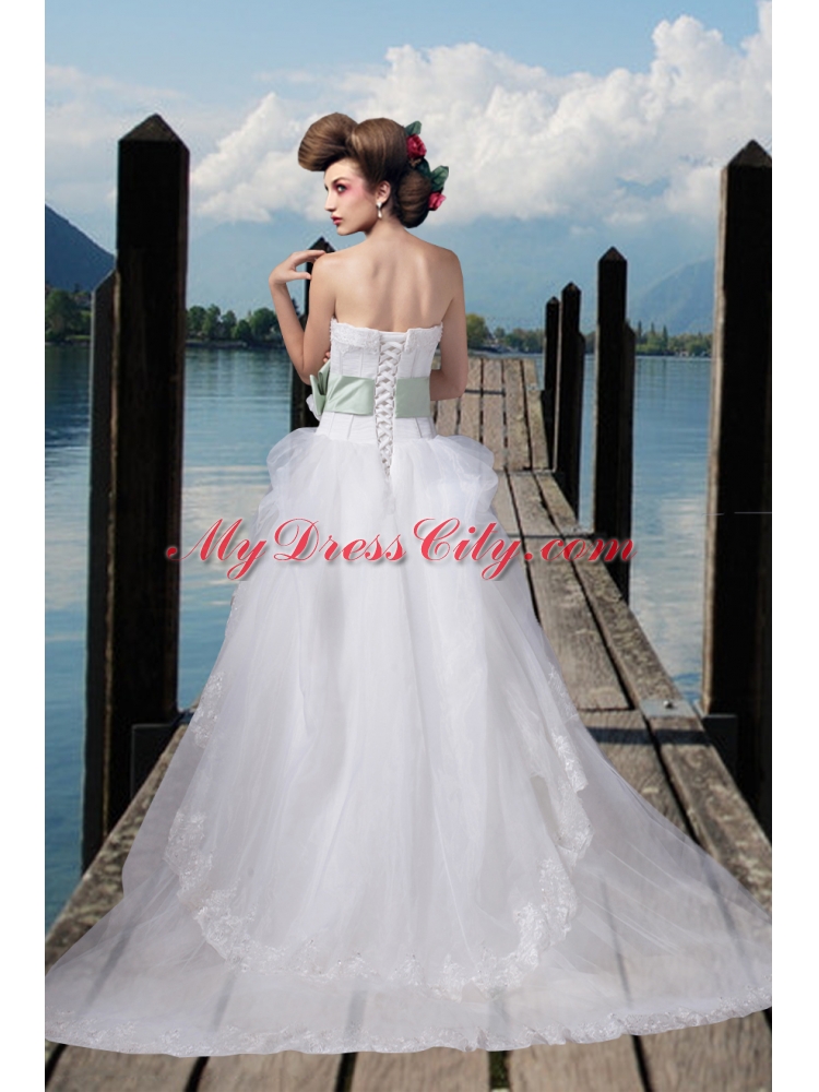 2014 A Line Appliques Wedding Dresses with Hand Made Flower