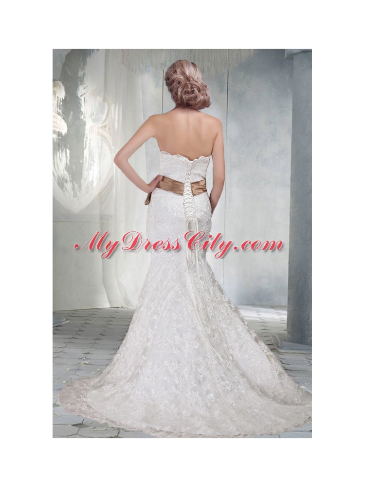 2014 Popular Mermaid Strapless Lace Wedding Dress with Sash