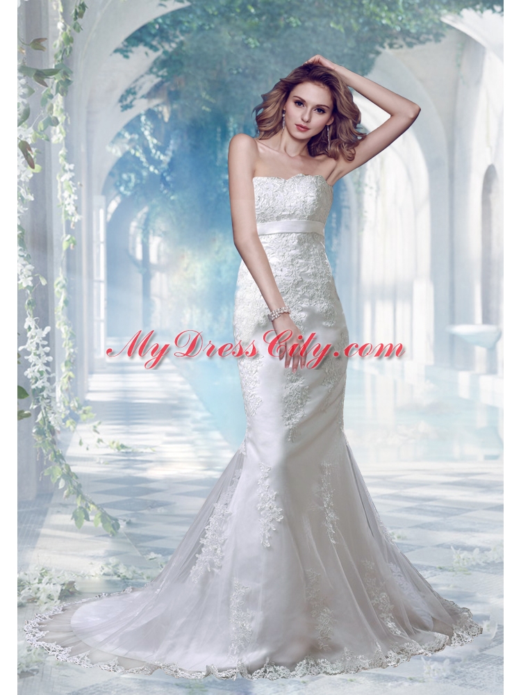 2014 Sexy Mermaid Strapless Appliques Lace Wedding Dresses