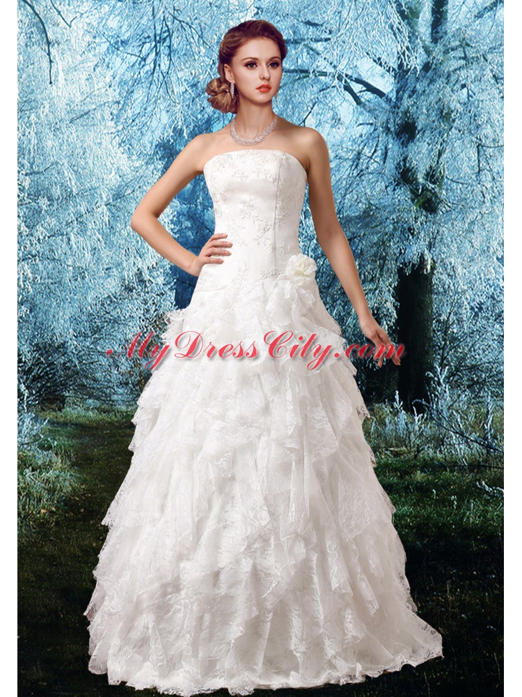 2015 Princess Appliques Floor Length Wedding Dress with Zipper Up