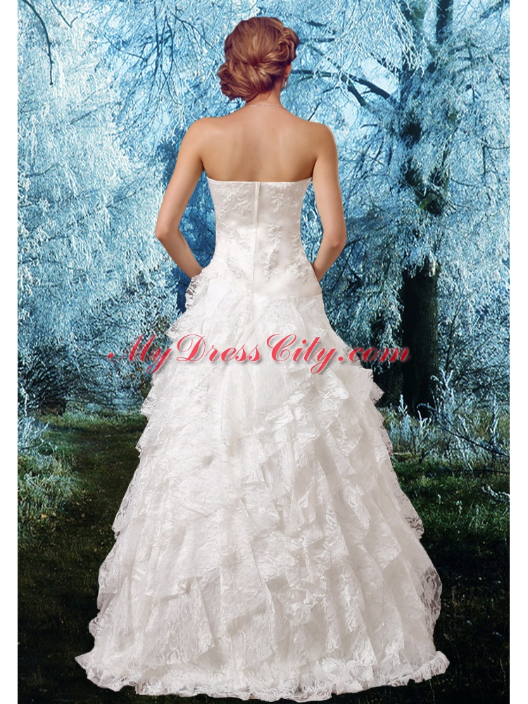 2015 Princess Appliques Floor Length Wedding Dress with Zipper Up