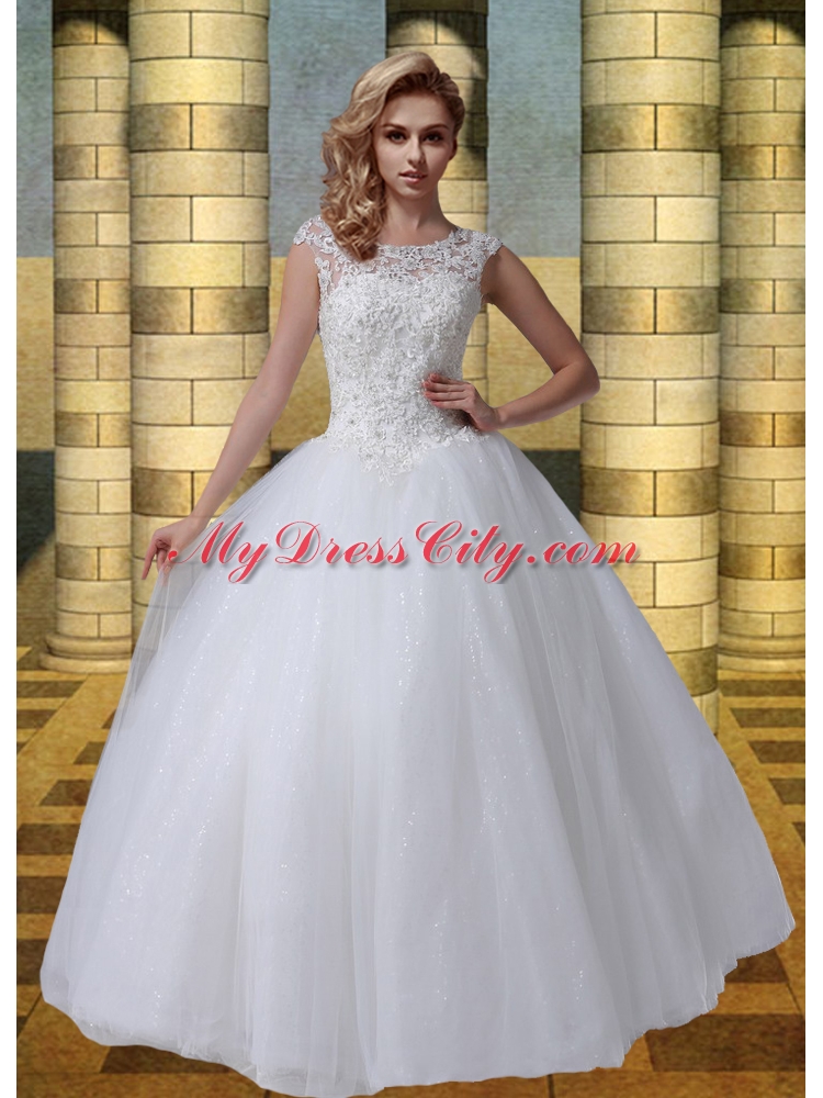 2015 Scoop A Line Cap Sleeves Wedding Dresses with Appliques