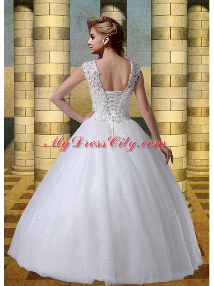 2015 Scoop A Line Cap Sleeves Wedding Dresses with Appliques