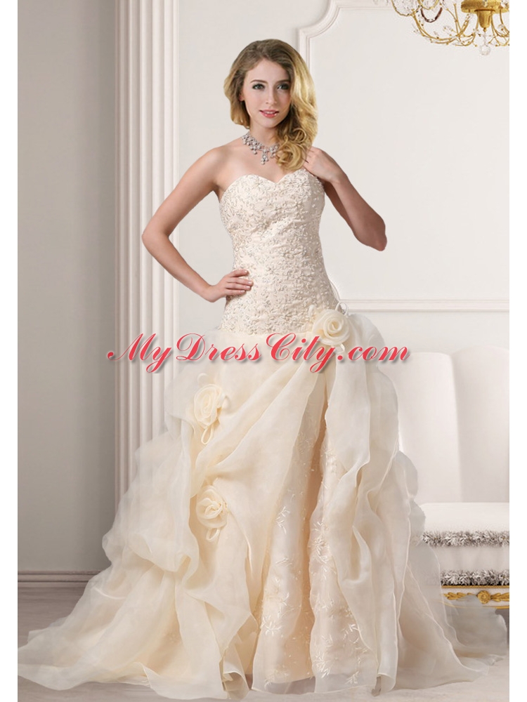 A Line Embroidery Sweetheart Brush Train Wedding Dress in Champagne