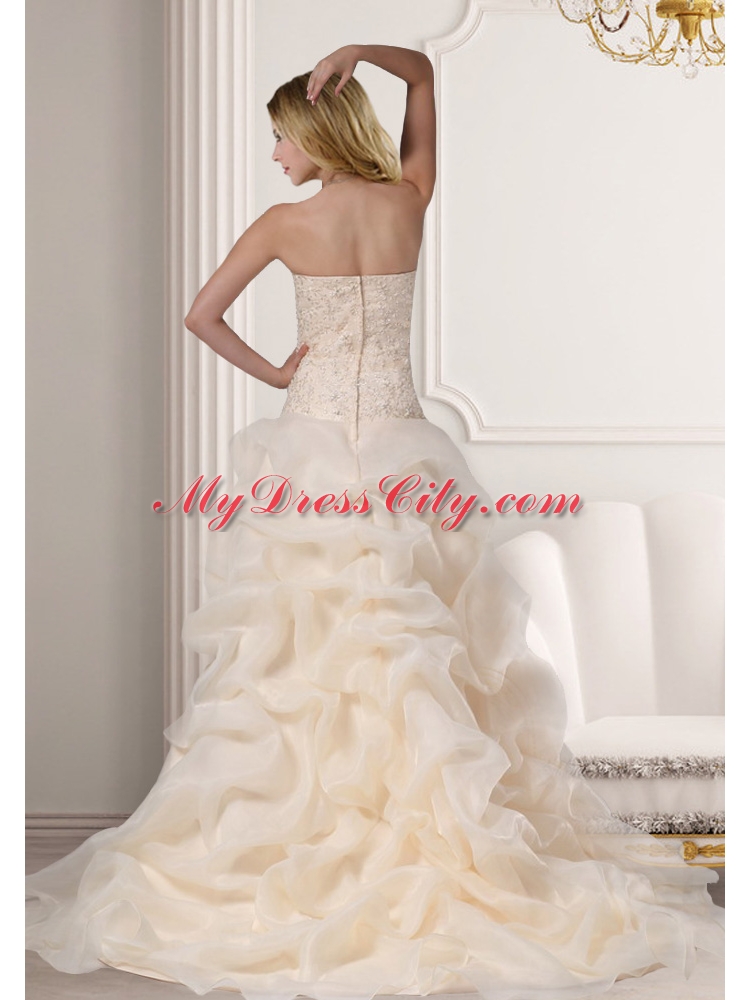 A Line Embroidery Sweetheart Brush Train Wedding Dress in Champagne