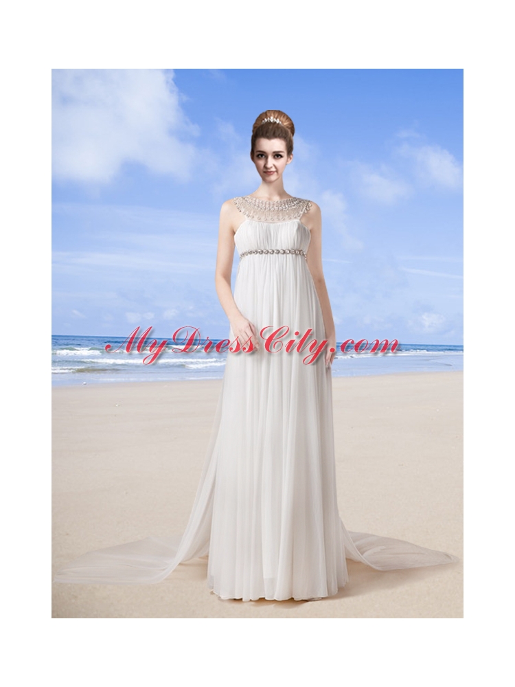 Beach Scoop Empire Brush Train Wedding Dress with  Beading