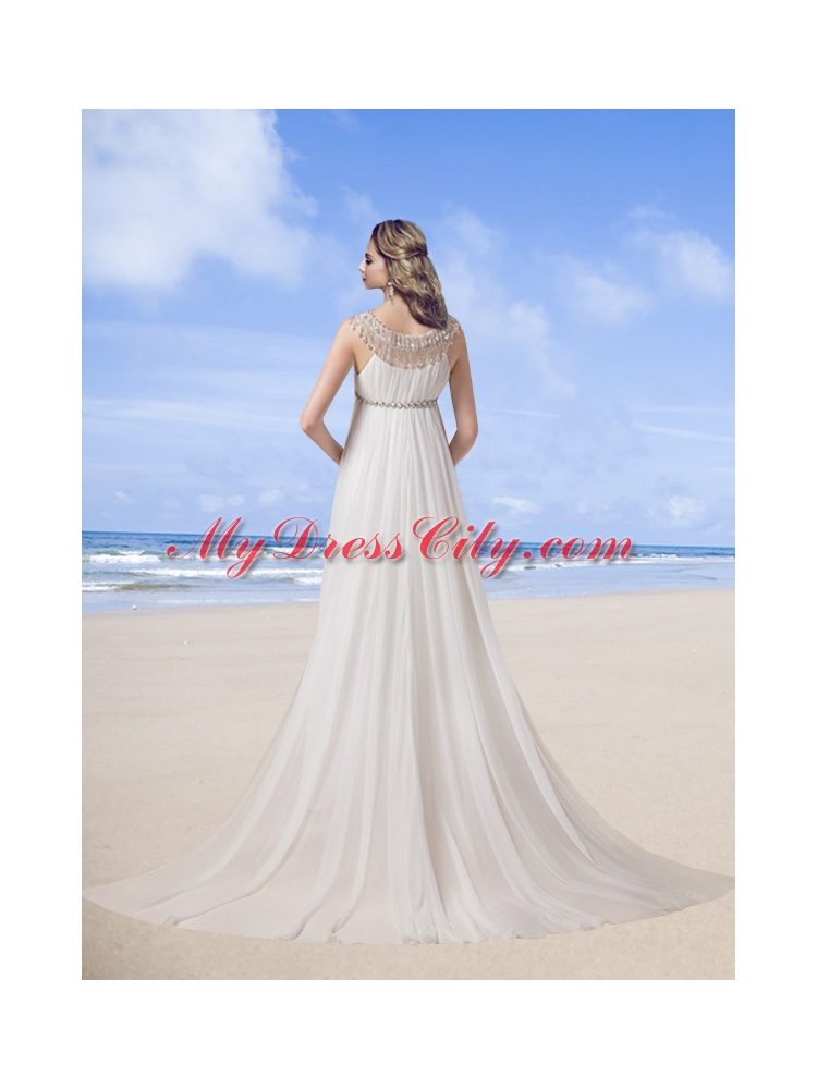 Beach Scoop Empire Brush Train Wedding Dress with  Beading