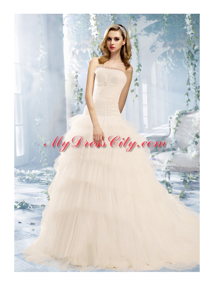 Beautiful Ball Gown Appliques Wedding Dress With Ruffled Layers