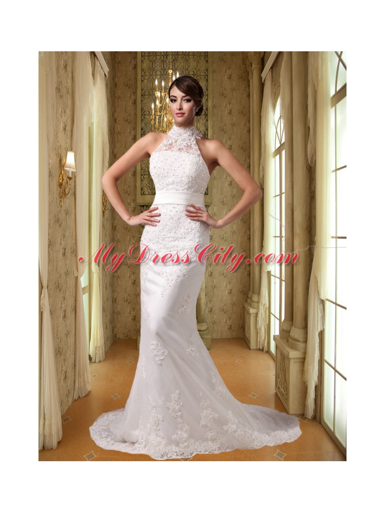 Beautiful Mermaid High Neck Court Train Lace Appliques Wedding Dress