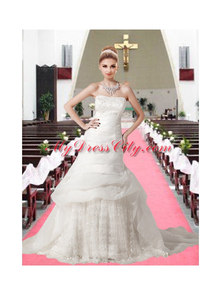 Beautiful Strapless A Line Chapel Train Appliques Lace Wedding Dresses