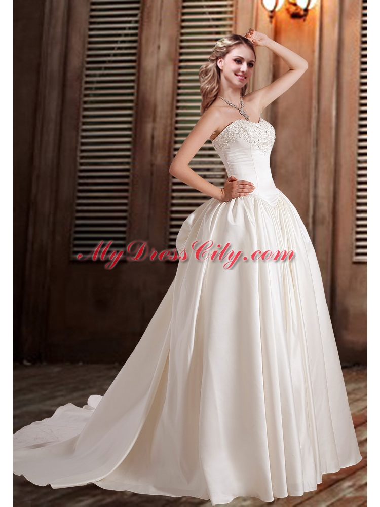 Cheap A Line Sweetheart Wedding Dresses with Chapel Train