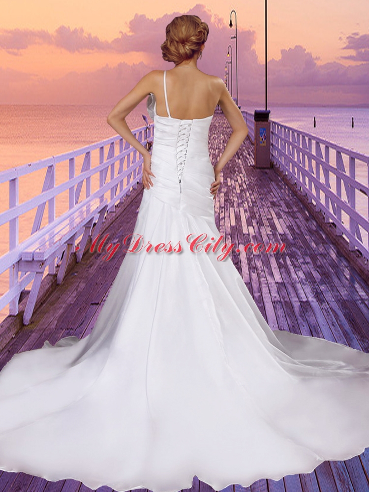 Cheap One Shoulder Lace Up Wedding Dress with Chapel Train