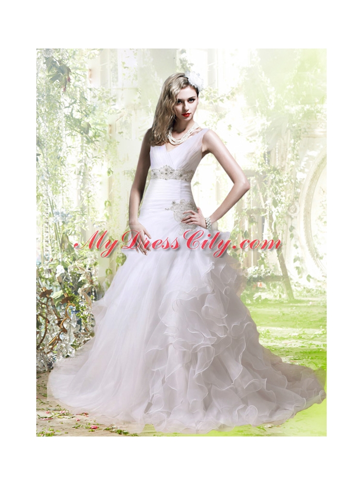 Elegant A Line Beading and Ruffles Wedding Dress with V Neck