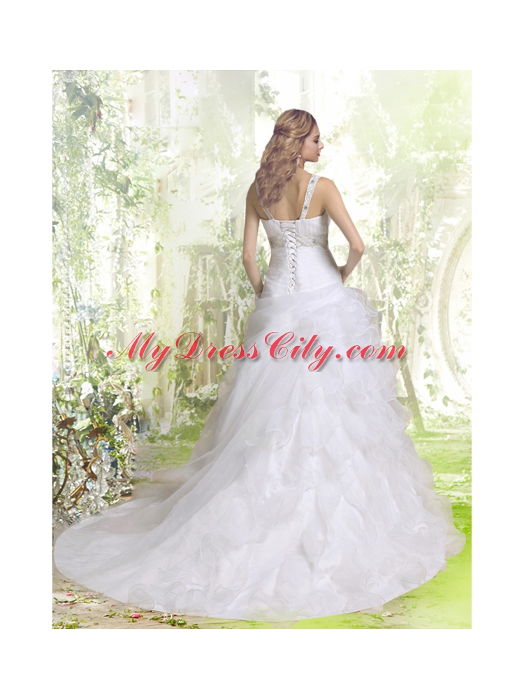 Elegant A Line Beading and Ruffles Wedding Dress with V Neck