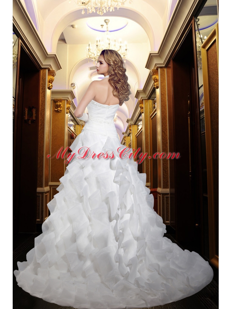 Elegant A Line Halter 2015 Beading Lace Wedding Dress with Zipper Up