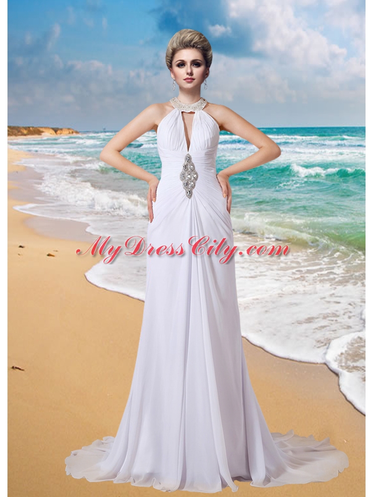 Elegant High Neck Beading Beach Wedding Dress with Court Train