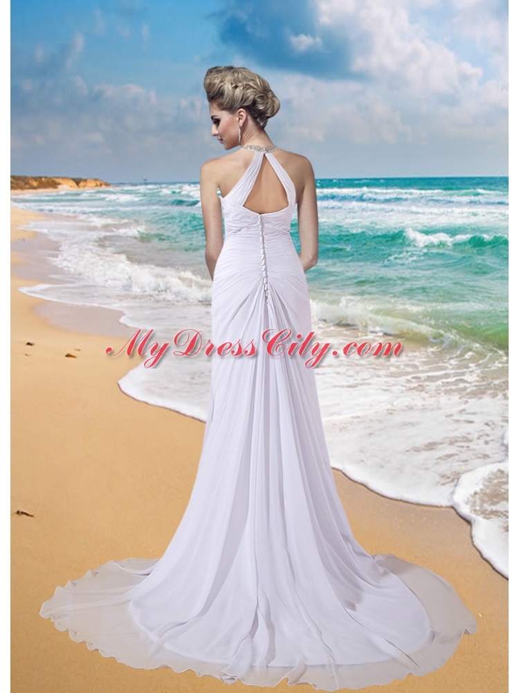 Elegant High Neck Beading Beach Wedding Dress with Court Train