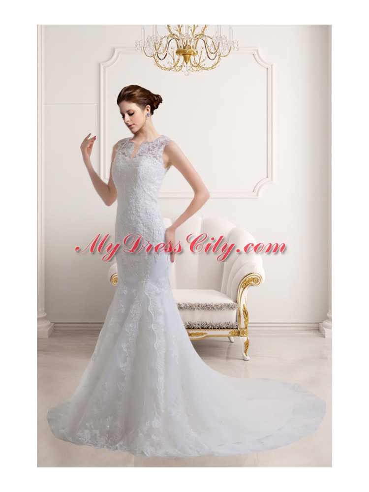 Elegant Mermaid V Neck Zipper Up Lace Wedding Dress with Court Train