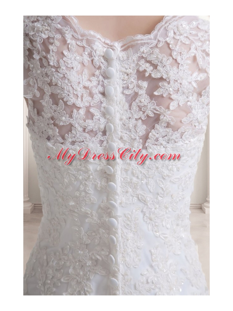 Elegant Mermaid V Neck Zipper Up Lace Wedding Dress with Court Train