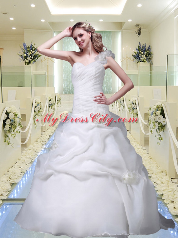 Elegant One Shoulder Brush Train Hand Made Flowers Wedding Dresses